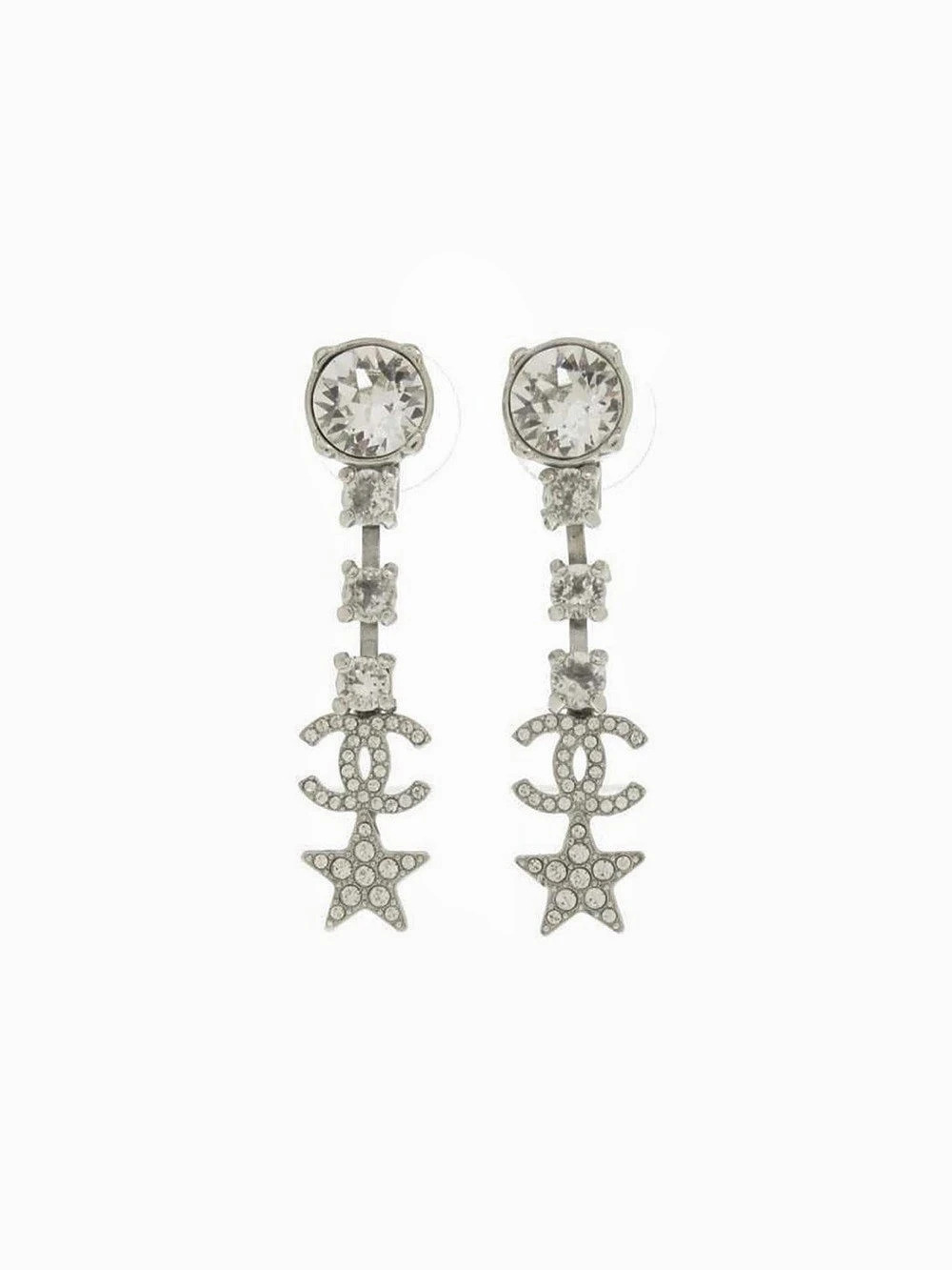 Chanel Crystal CC Star Drop Earrings Silver